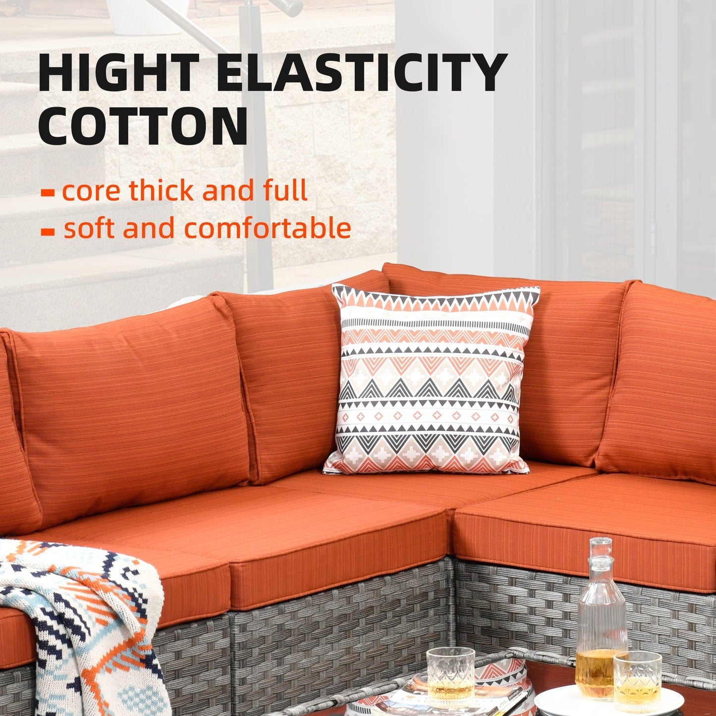 Set da 6 pezzi con tavolo e braccioli larghi per mobili da giardino in vimini OVIOS