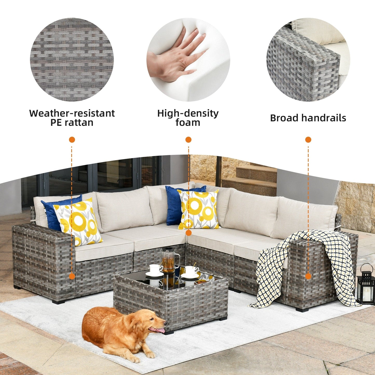 Set da 6 pezzi con tavolo e braccioli larghi per mobili da giardino in vimini OVIOS