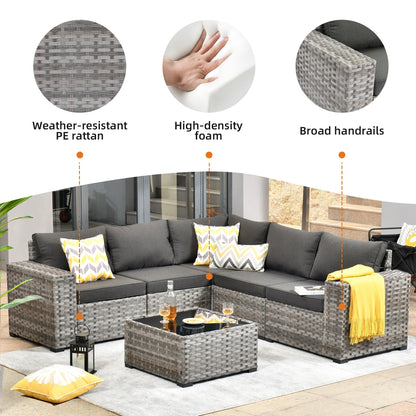 Set da 6 pezzi con tavolo e braccioli larghi per mobili da giardino in vimini OVIOS