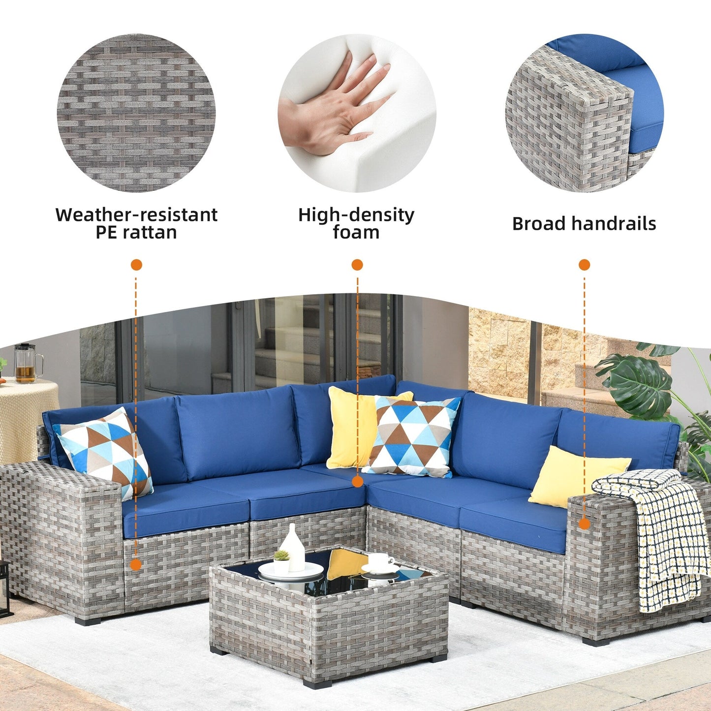 Set da 6 pezzi con tavolo e braccioli larghi per mobili da giardino in vimini OVIOS