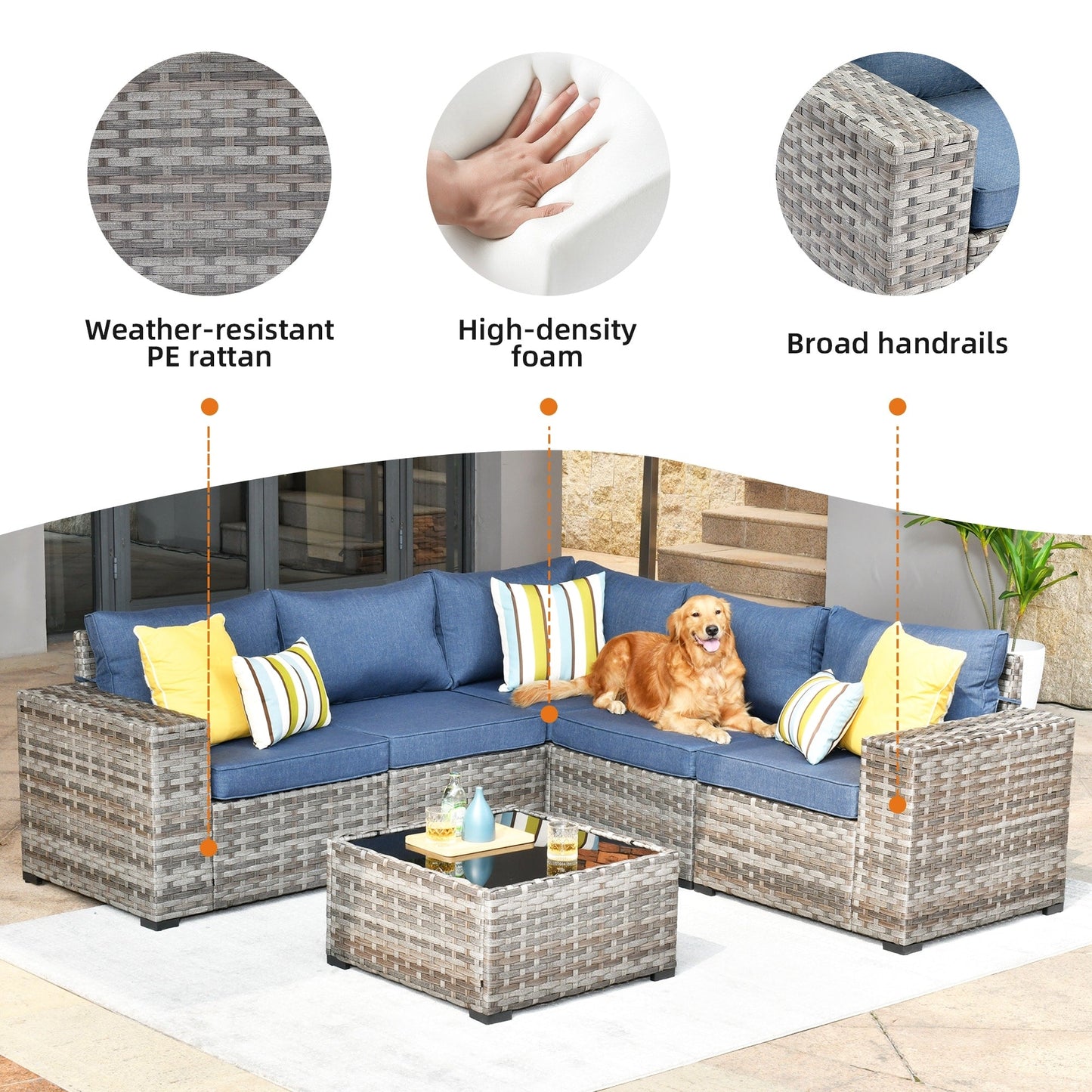 Set da 6 pezzi con tavolo e braccioli larghi per mobili da giardino in vimini OVIOS