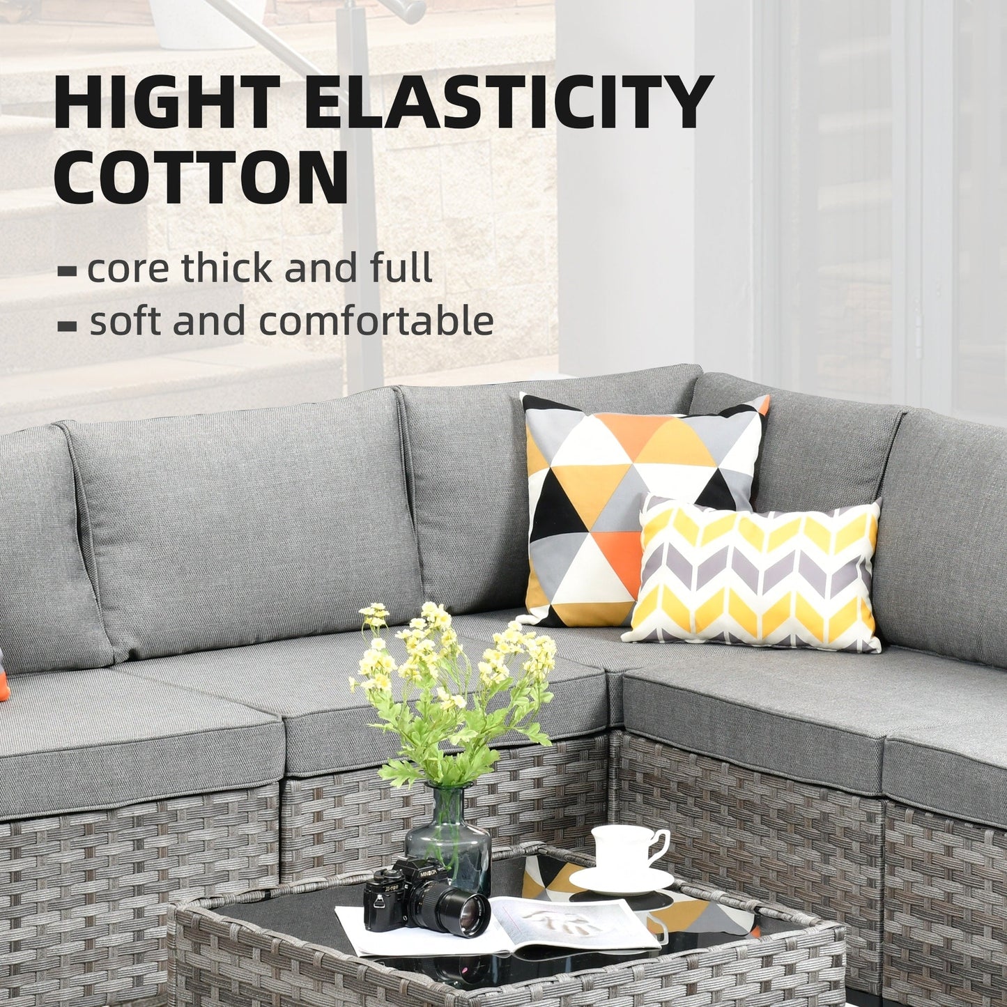 Set da 6 pezzi con tavolo e braccioli larghi per mobili da giardino in vimini OVIOS