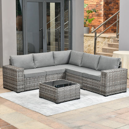 Set da 6 pezzi con tavolo e braccioli larghi per mobili da giardino in vimini OVIOS