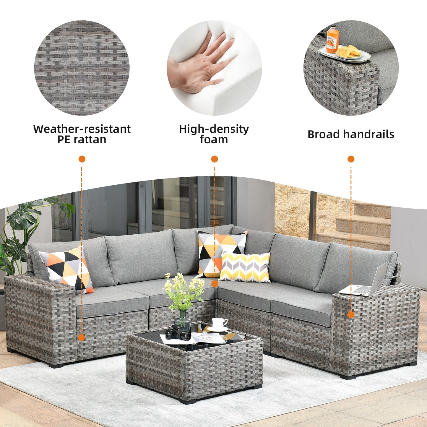 Set da 6 pezzi con tavolo e braccioli larghi per mobili da giardino in vimini OVIOS