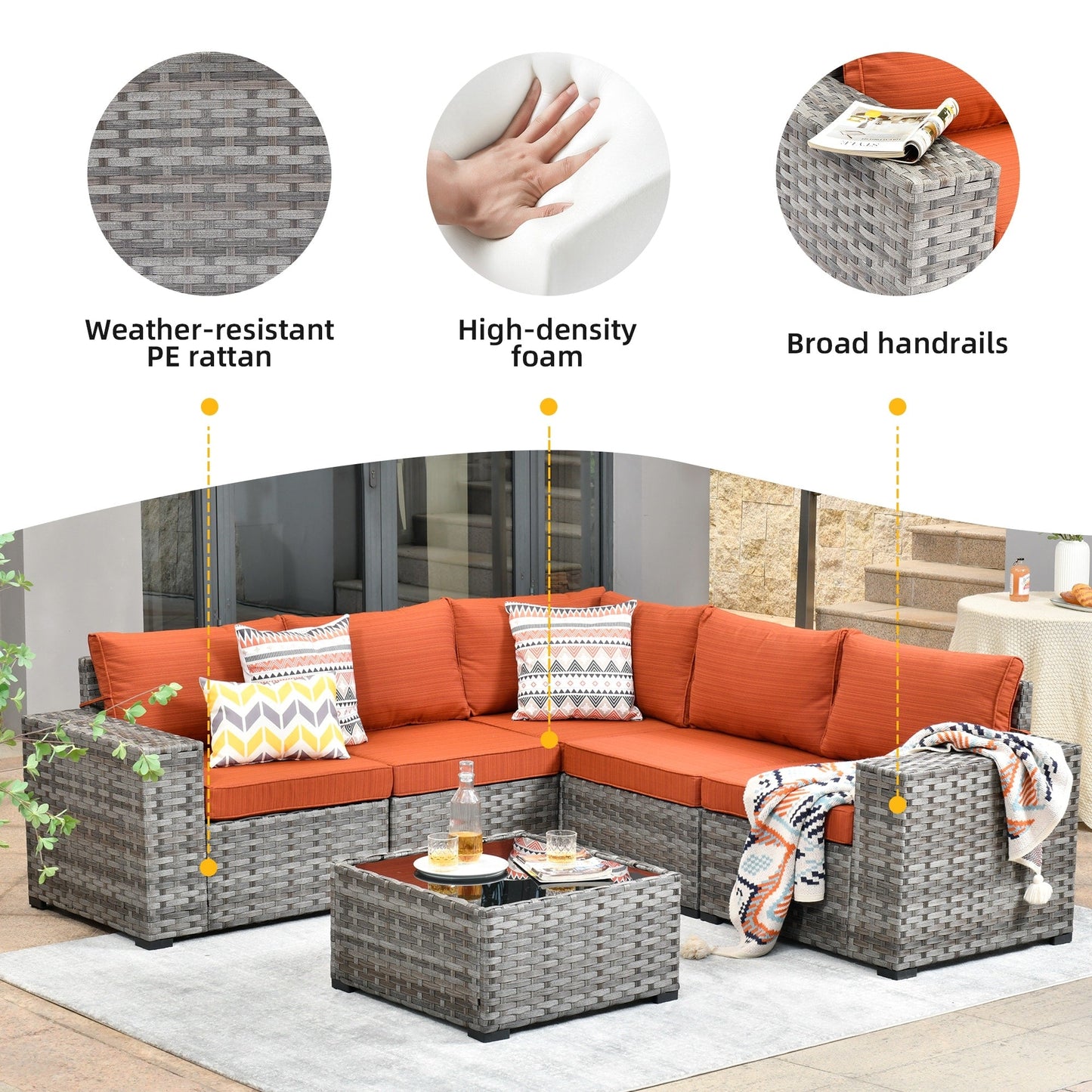 Set da 6 pezzi con tavolo e braccioli larghi per mobili da giardino in vimini OVIOS