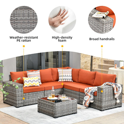 Set da 6 pezzi con tavolo e braccioli larghi per mobili da giardino in vimini OVIOS