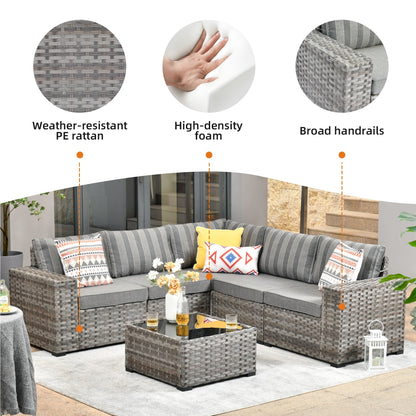 Set da 6 pezzi con tavolo e braccioli larghi per mobili da giardino in vimini OVIOS