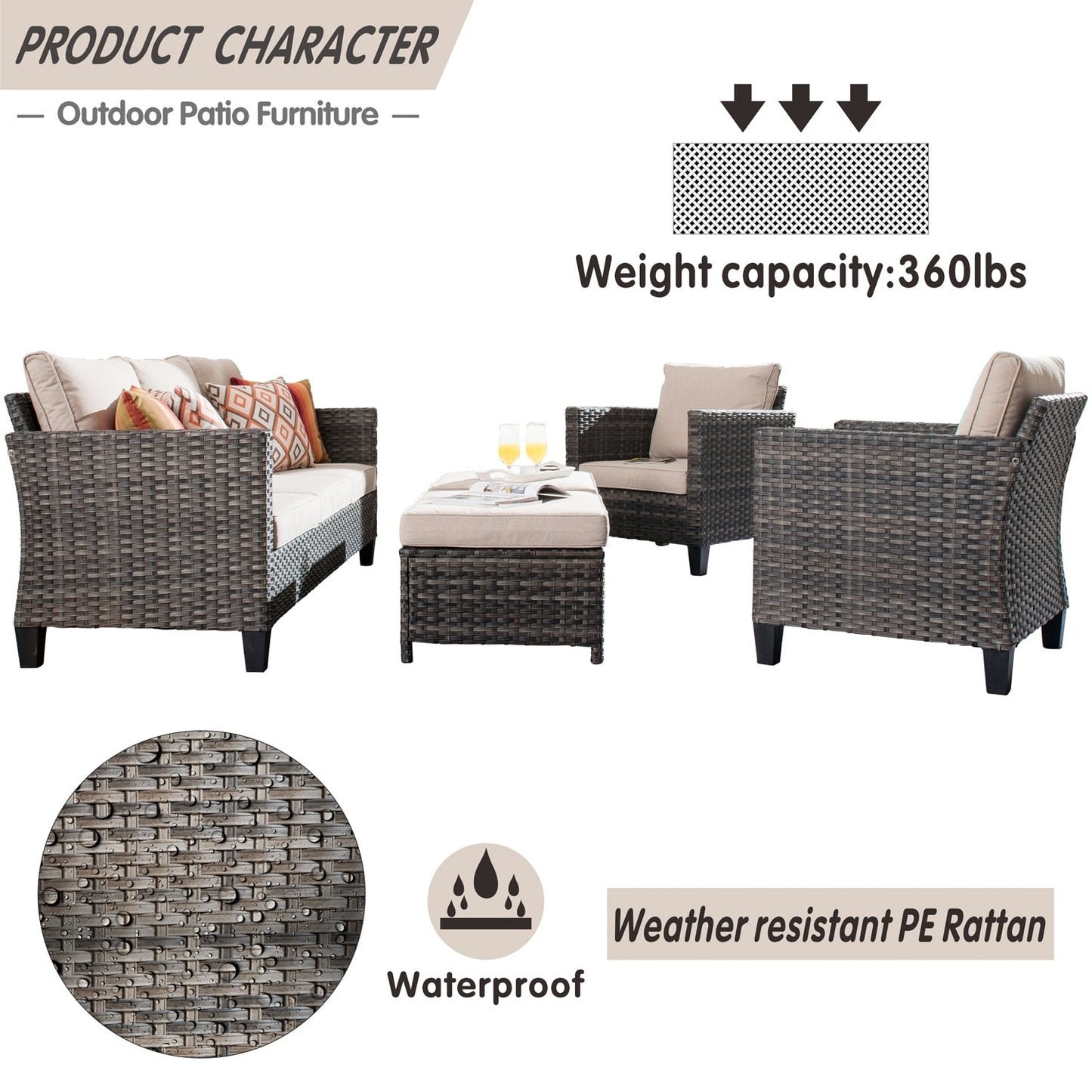 Set di 5 mobili da giardino in vimini con schienale alto OVIOS