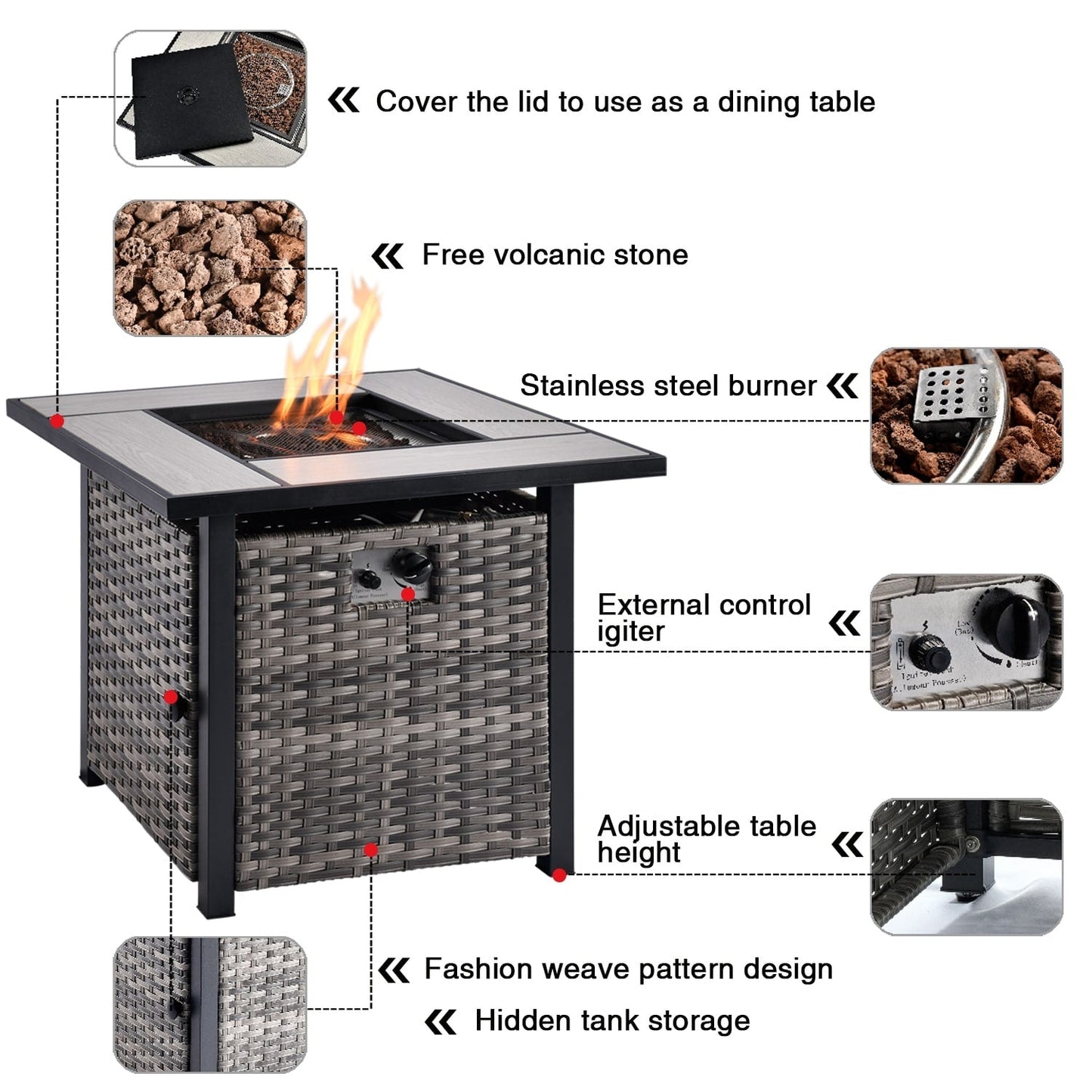 Set di 5 sedie da giardino in vimini OVIOS con tavolo da fuoco da 30 cm