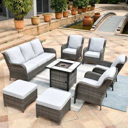 Set di mobili da giardino OVIOS in vimini grigio da 8 pezzi con braciere