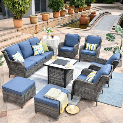 Set di mobili da giardino OVIOS in vimini grigio da 8 pezzi con braciere