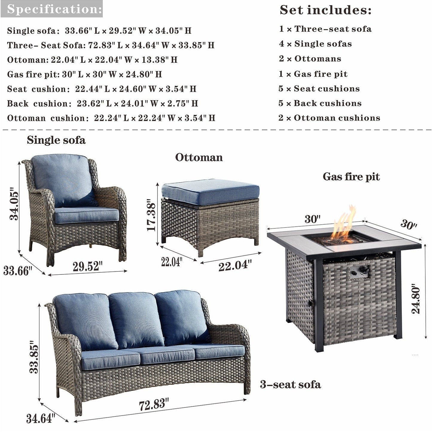 Set di mobili da giardino OVIOS in vimini grigio da 8 pezzi con braciere