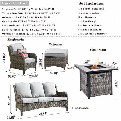 Set di mobili da giardino OVIOS in vimini grigio da 8 pezzi con braciere