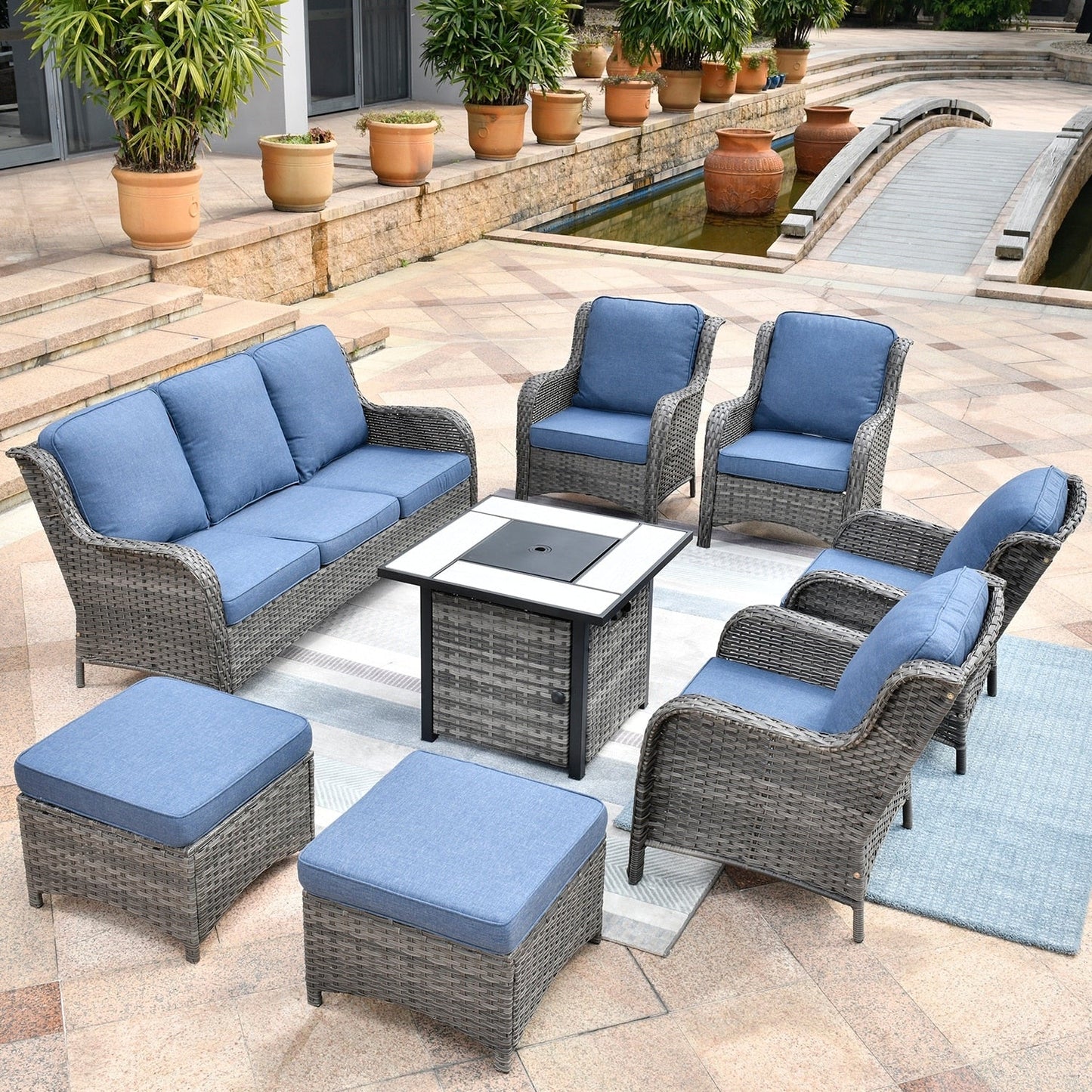 Set di mobili da giardino OVIOS in vimini grigio da 8 pezzi con braciere