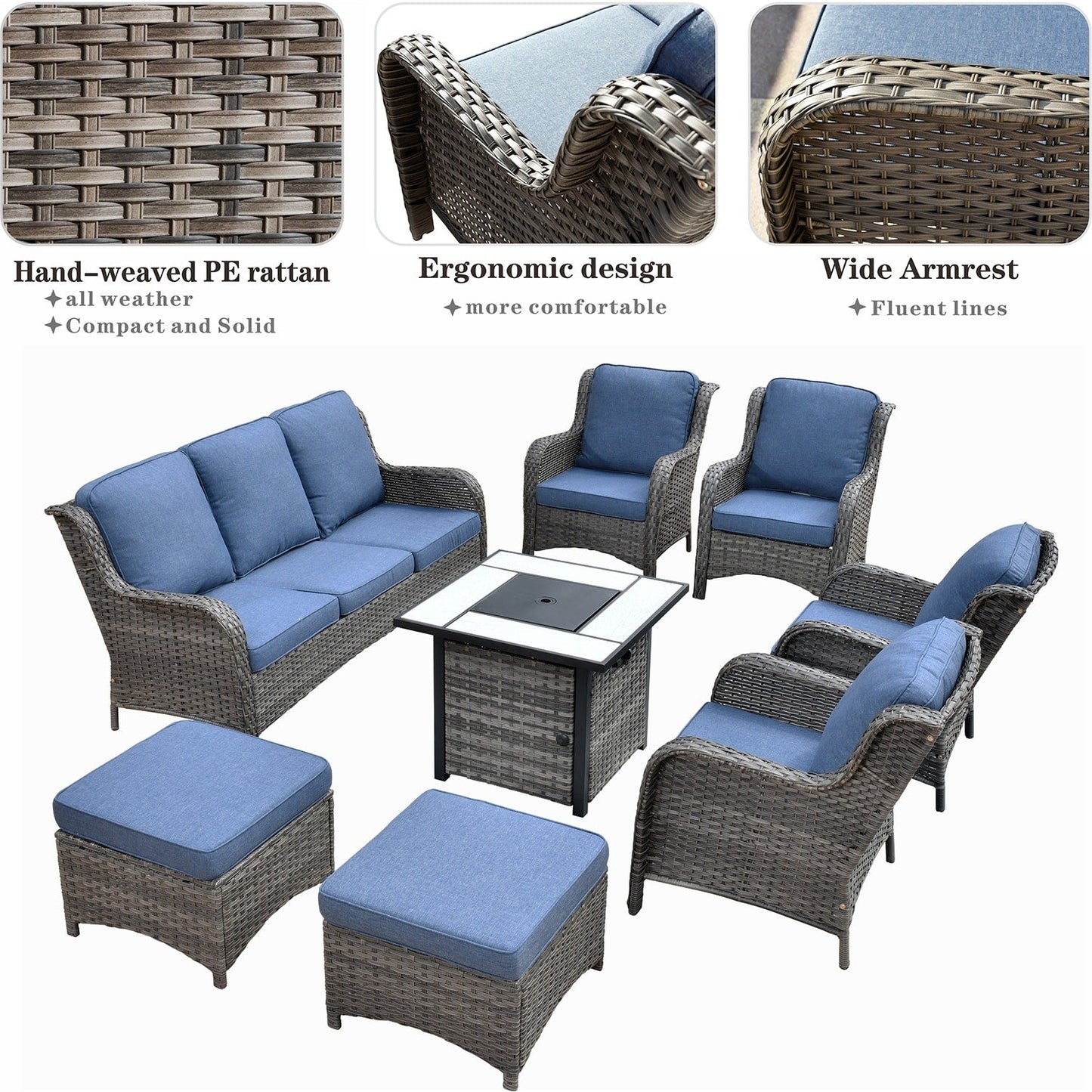 Set di mobili da giardino OVIOS in vimini grigio da 8 pezzi con braciere