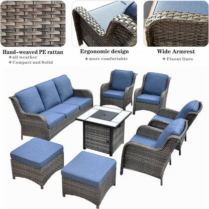 Set di mobili da giardino OVIOS in vimini grigio da 8 pezzi con braciere