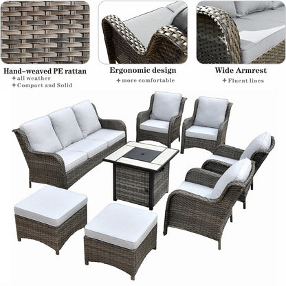 Set di mobili da giardino OVIOS in vimini grigio da 8 pezzi con braciere