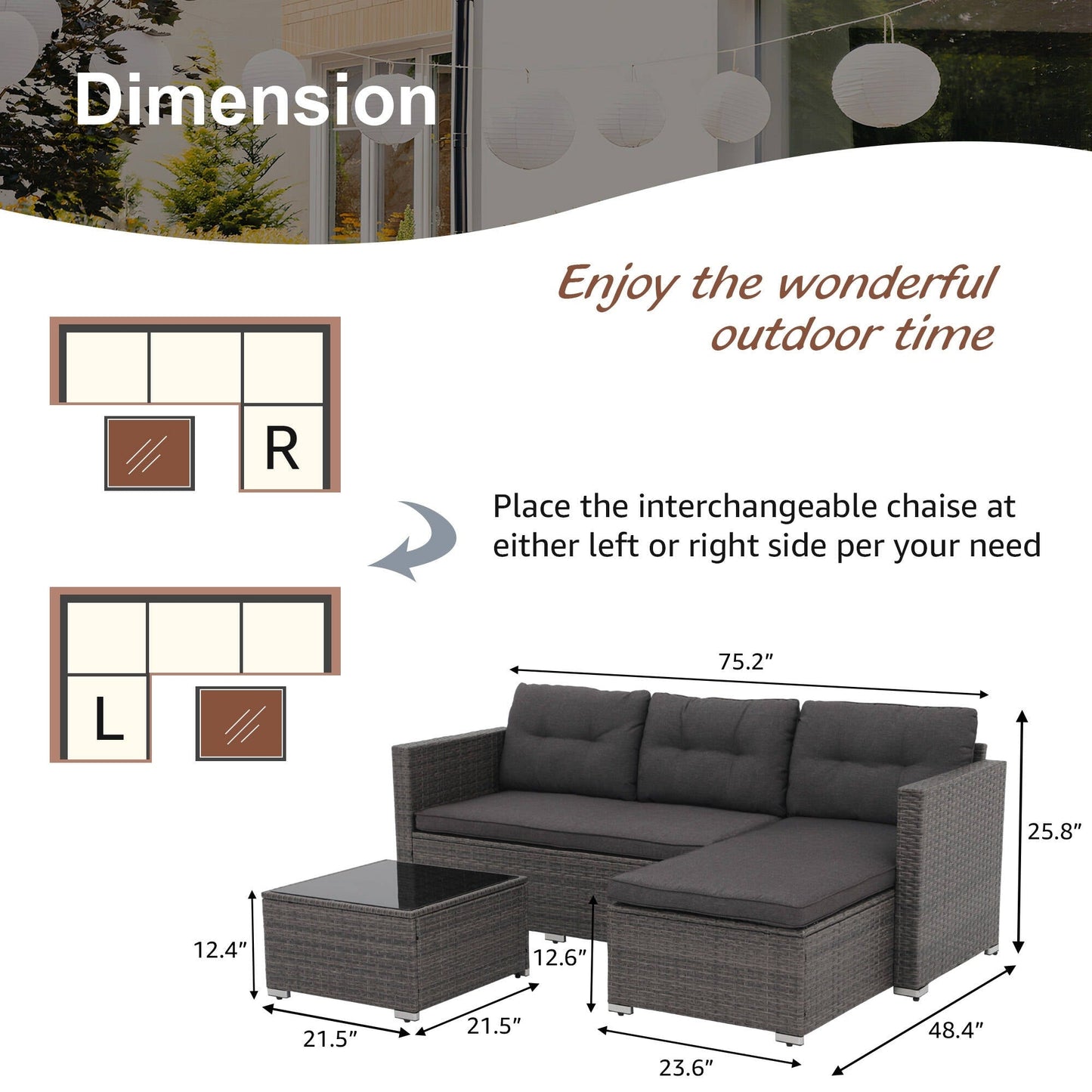 Set di 3 divani componibili da esterno in vimini PE