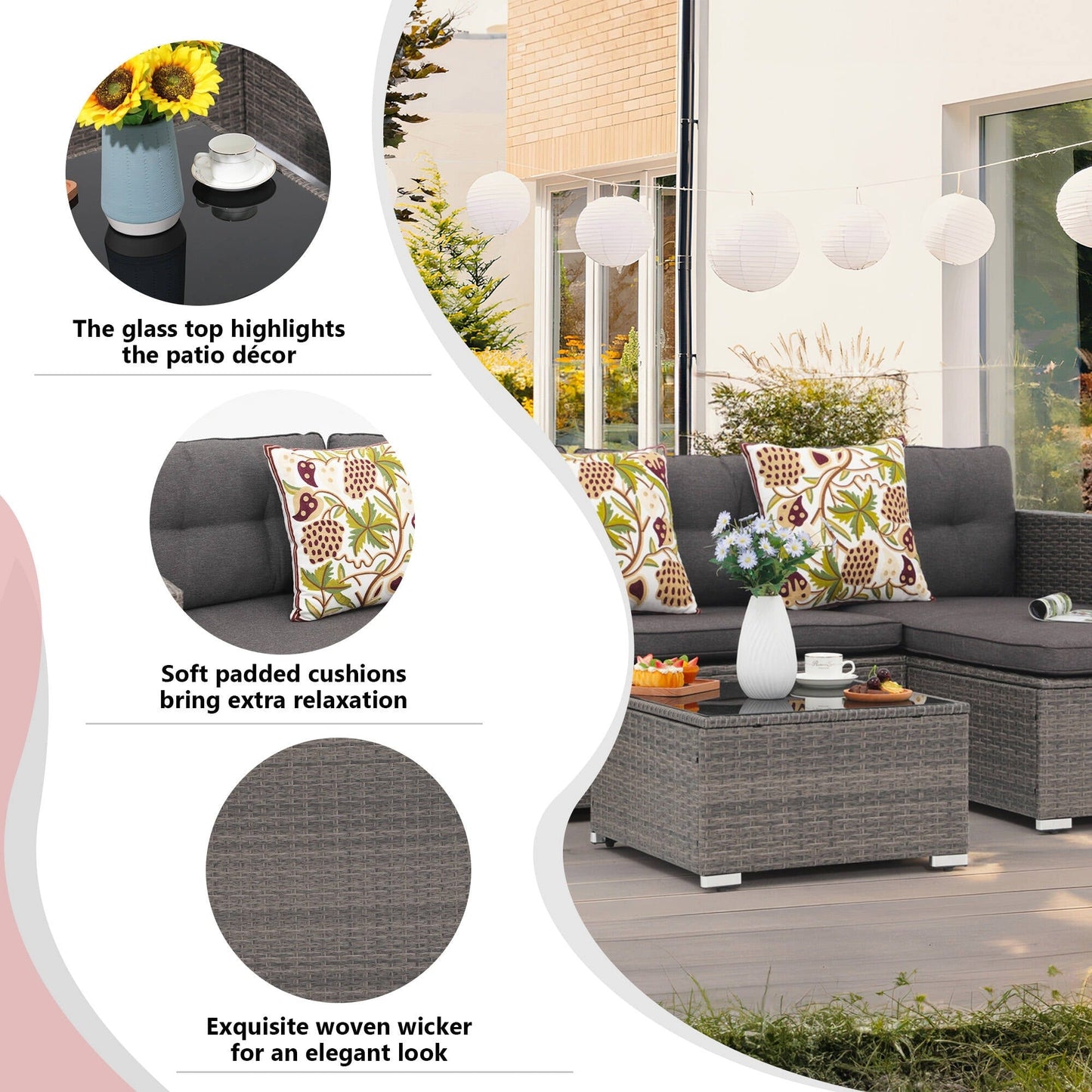 Set di 3 divani componibili da esterno in vimini PE