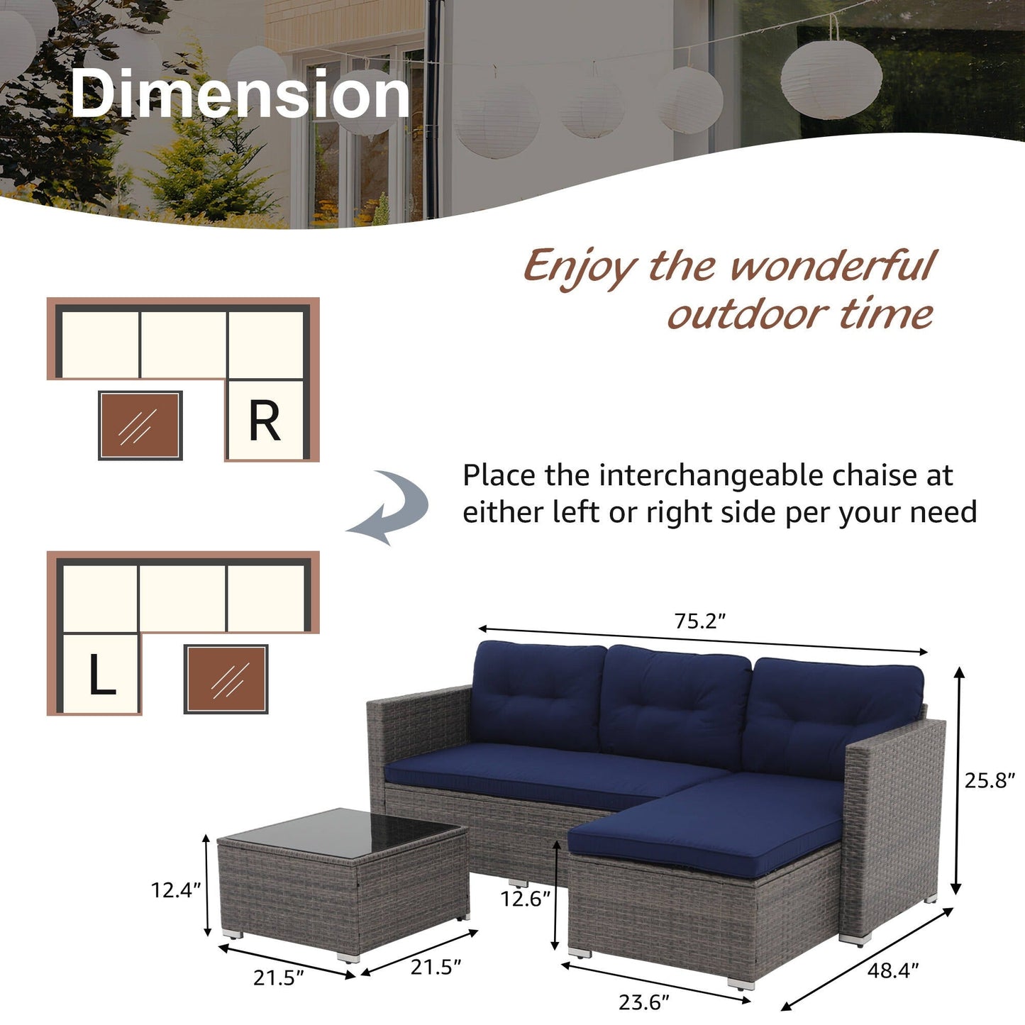 Set di 3 divani componibili da esterno in vimini PE