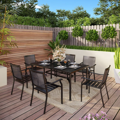 Set da pranzo da giardino da 7 pezzi in metallo con rivestimento E, composto da 6 sedie con schienale migliorato e 1 tavolo in metallo con foro per ombrellone