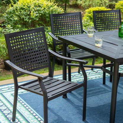 Set da pranzo da giardino da 7 pezzi in metallo con rivestimento E, composto da 6 sedie con schienale migliorato e 1 tavolo in metallo con foro per ombrellone