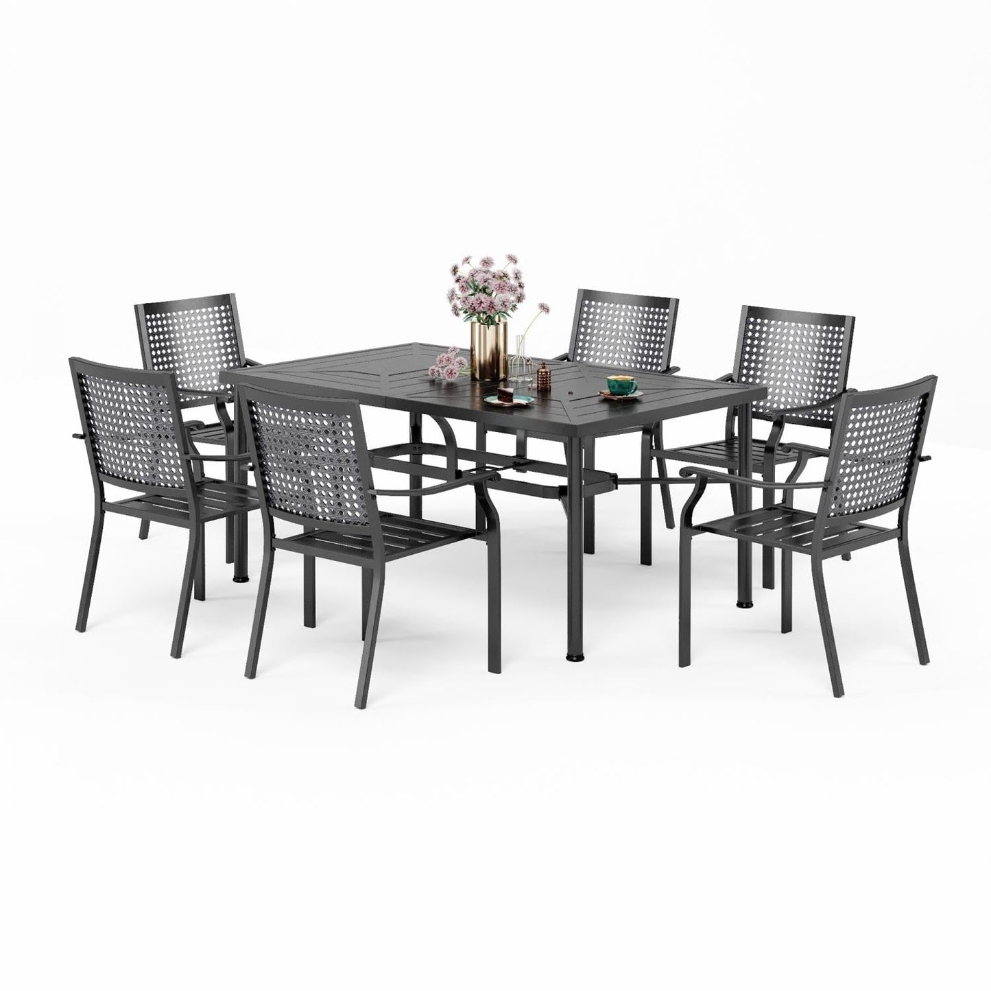 Set da pranzo da giardino da 7 pezzi in metallo con rivestimento E, composto da 6 sedie con schienale migliorato e 1 tavolo in metallo con foro per ombrellone