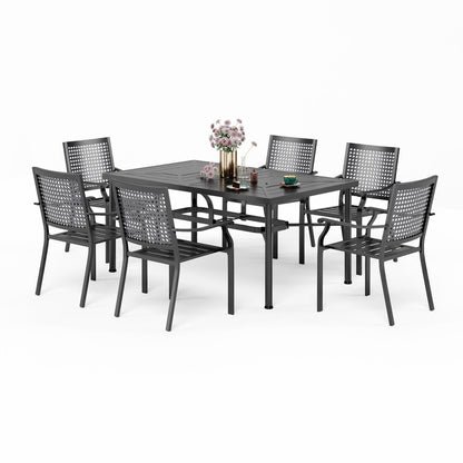 Set da pranzo da giardino da 7 pezzi in metallo con rivestimento E, composto da 6 sedie con schienale migliorato e 1 tavolo in metallo con foro per ombrellone