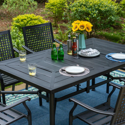 Set da pranzo da giardino da 7 pezzi in metallo con rivestimento E, composto da 6 sedie con schienale migliorato e 1 tavolo in metallo con foro per ombrellone