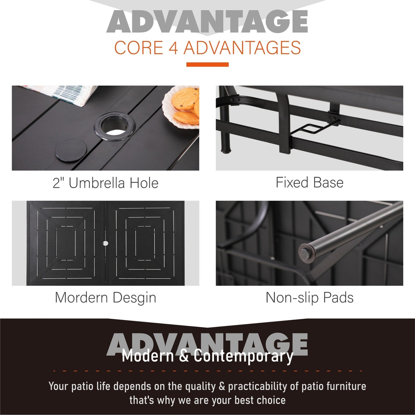 Set da pranzo da giardino da 7 pezzi in metallo con rivestimento E, composto da 6 sedie con schienale migliorato e 1 tavolo in metallo con foro per ombrellone