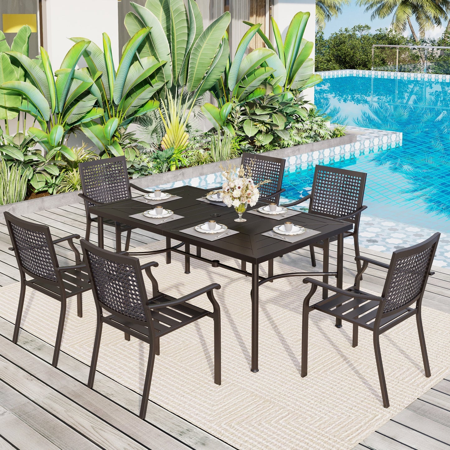 Set da pranzo da giardino da 7 pezzi in metallo con rivestimento E, composto da 6 sedie con schienale migliorato e 1 tavolo in metallo con foro per ombrellone