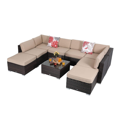 Set di divani componibili da giardino in vimini e rattan, 9 pezzi - Set da 9 pezzi