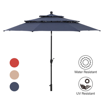 MAISON ARTS Set da pranzo per patio da 5 pezzi con ombrellone rotondo da 10 piedi, 4 sedie da pranzo girevoli con cuscino e tavolo da patio con doghe in acciaio