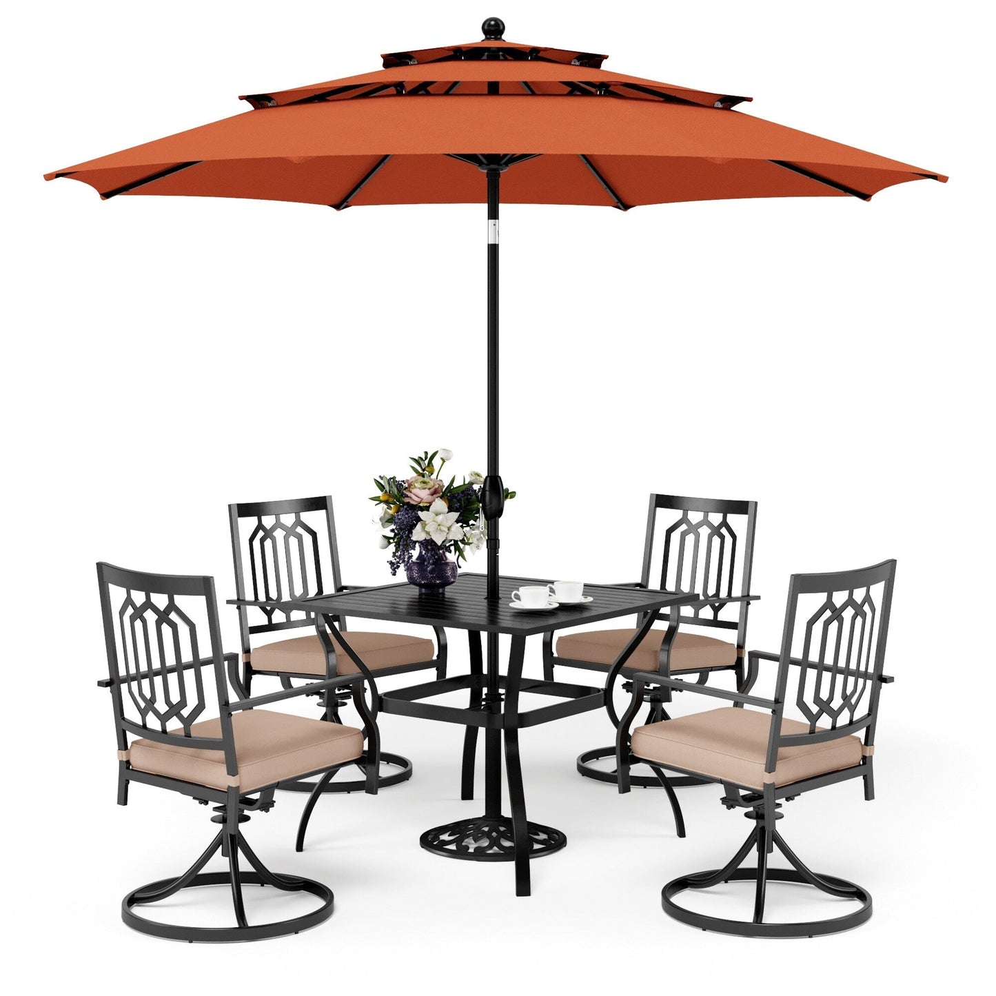 MAISON ARTS Set da pranzo per patio da 5 pezzi con ombrellone rotondo da 10 piedi, 4 sedie da pranzo girevoli con cuscino e tavolo da patio con doghe in acciaio