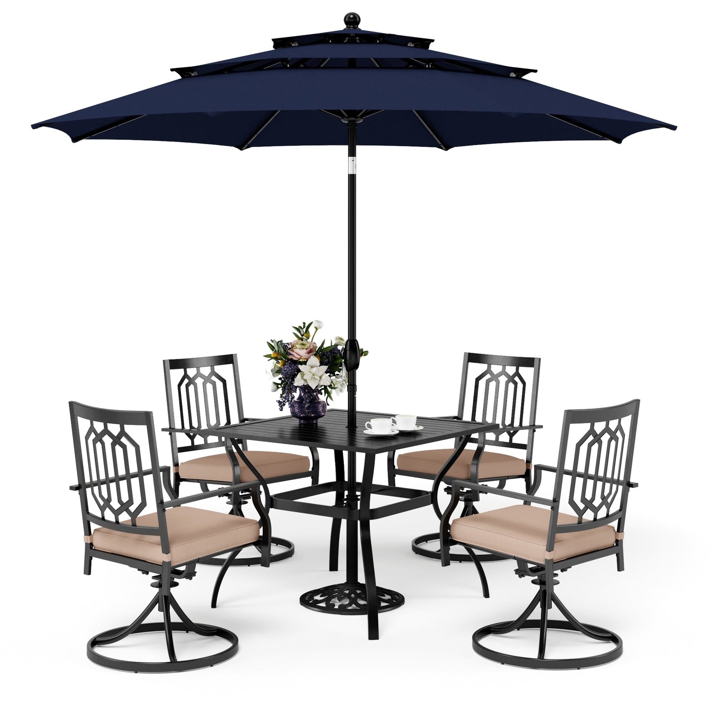 MAISON ARTS Set da pranzo per patio da 5 pezzi con ombrellone rotondo da 10 piedi, 4 sedie da pranzo girevoli con cuscino e tavolo da patio con doghe in acciaio