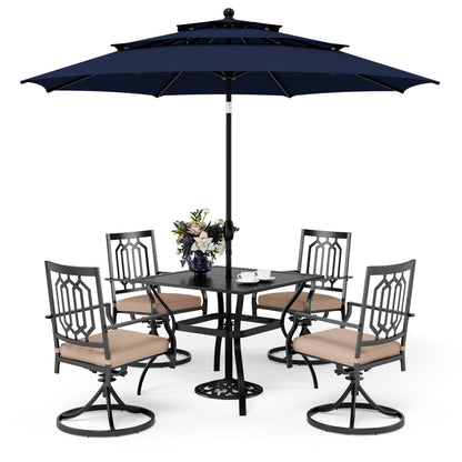 MAISON ARTS Set da pranzo per patio da 5 pezzi con ombrellone rotondo da 10 piedi, 4 sedie da pranzo girevoli con cuscino e tavolo da patio con doghe in acciaio