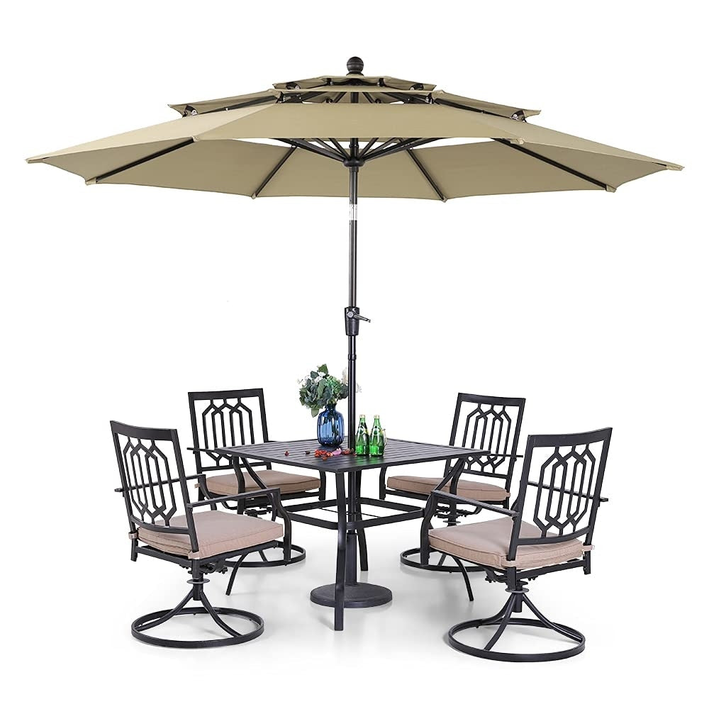 MAISON ARTS Set da pranzo per patio da 5 pezzi con ombrellone rotondo da 10 piedi, 4 sedie da pranzo girevoli con cuscino e tavolo da patio con doghe in acciaio