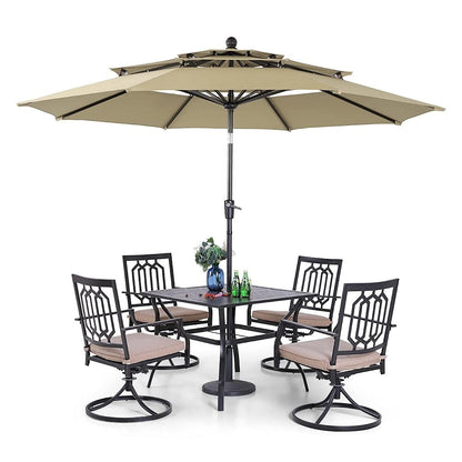 MAISON ARTS Set da pranzo per patio da 5 pezzi con ombrellone rotondo da 10 piedi, 4 sedie da pranzo girevoli con cuscino e tavolo da patio con doghe in acciaio