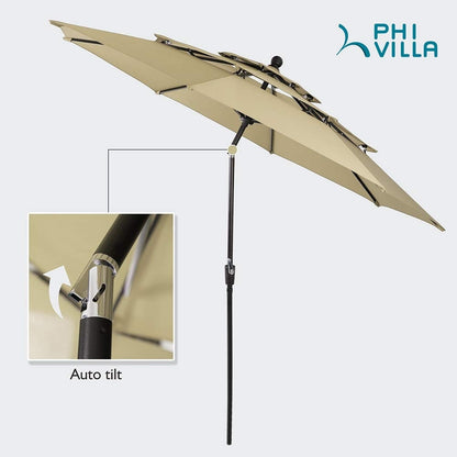 MAISON ARTS Set da pranzo per patio da 6 pezzi con ombrellone a 3 livelli e inclinazione automatica da 10 piedi: 4 sedie da esterno in metallo, 1 tavolo da pranzo quadrato in metallo