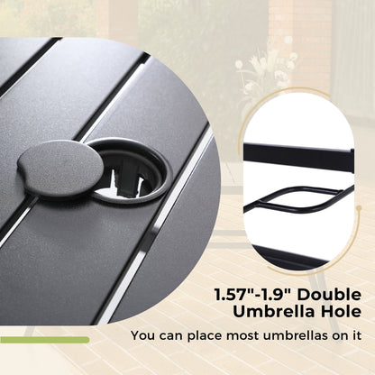 MAISON ARTS Set da pranzo per patio da 6 pezzi con ombrellone a 3 livelli e inclinazione automatica da 10 piedi: 4 sedie da esterno in metallo, 1 tavolo da pranzo quadrato in metallo