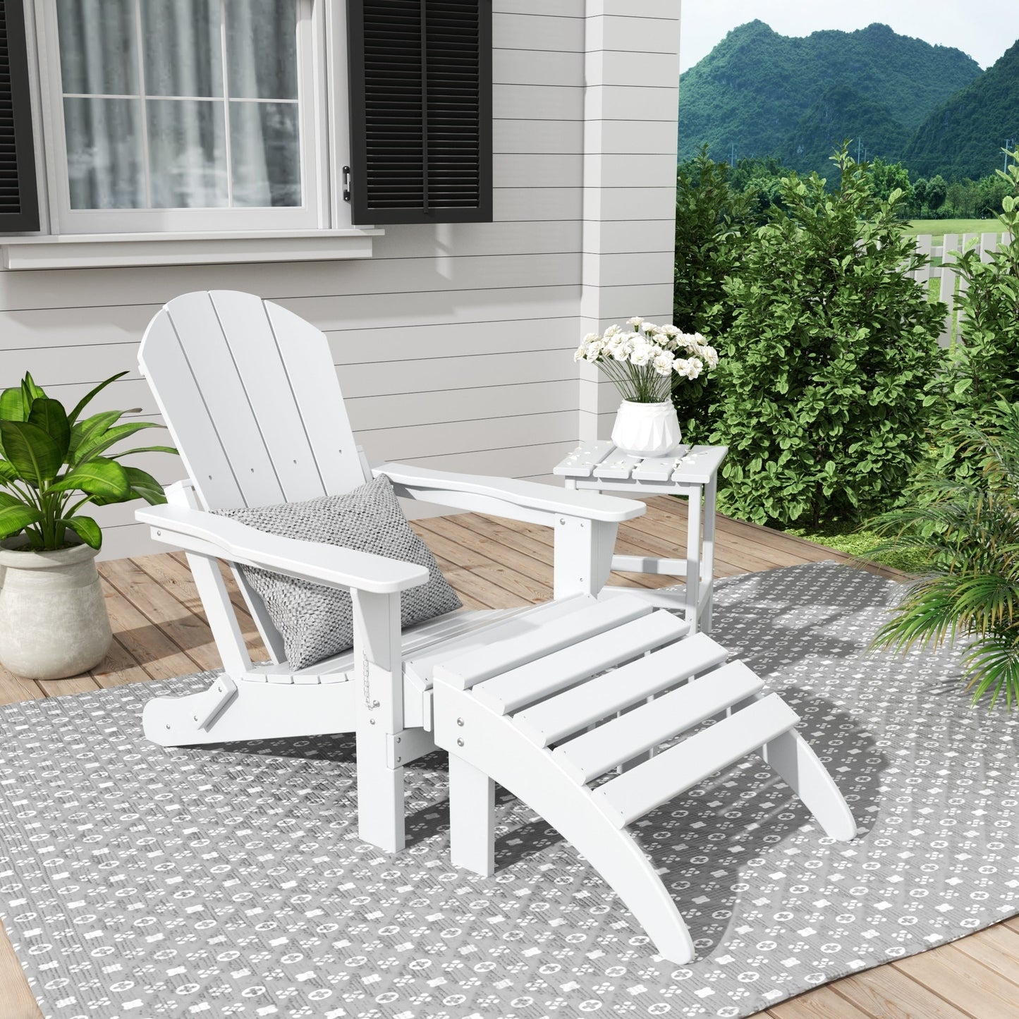 Sedia Adirondack pieghevole per esterni e patio Polytrends Laguna HDPE, adatta a tutte le stagioni, con pouf e tavolino laterale (set da 3 pezzi)