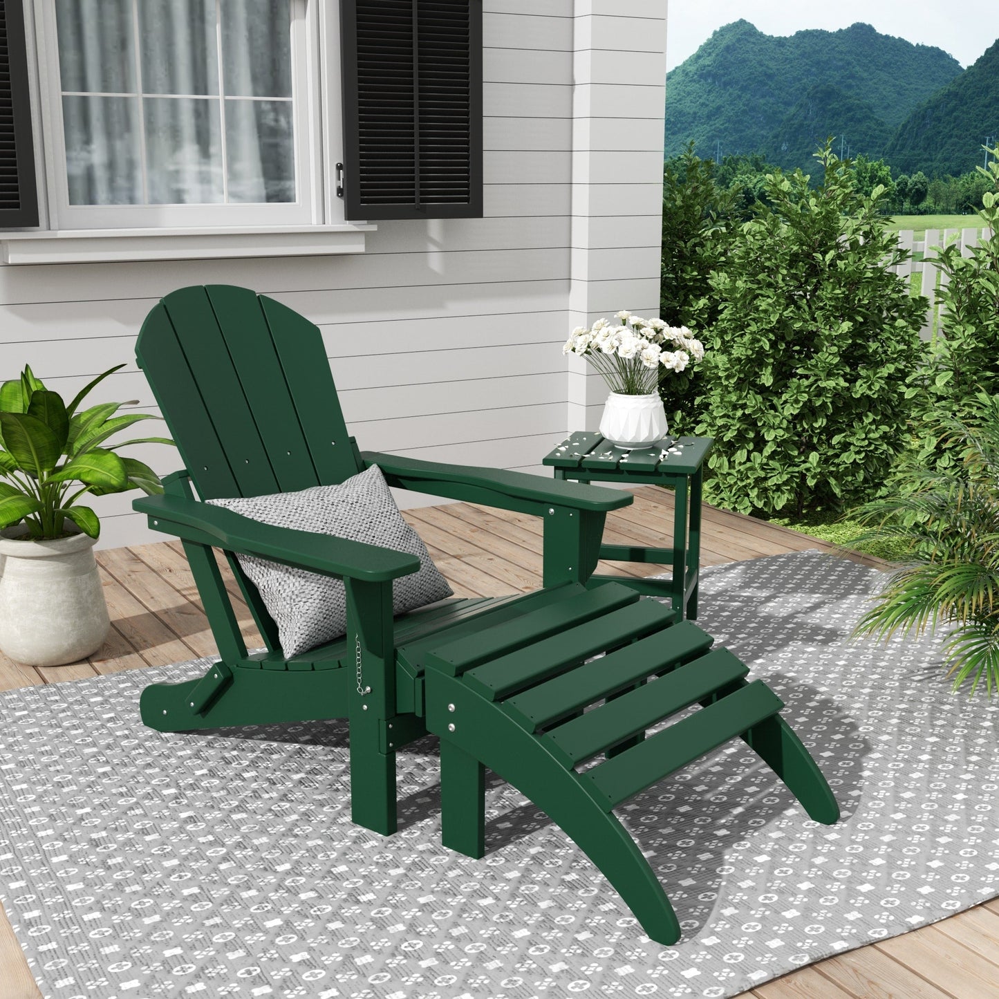Sedia Adirondack pieghevole per esterni e patio Polytrends Laguna HDPE, adatta a tutte le stagioni, con pouf e tavolino laterale (set da 3 pezzi)