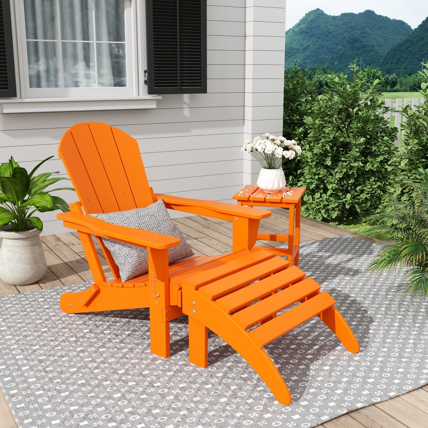 Sedia Adirondack pieghevole per esterni e patio Polytrends Laguna HDPE, adatta a tutte le stagioni, con pouf e tavolino laterale (set da 3 pezzi)