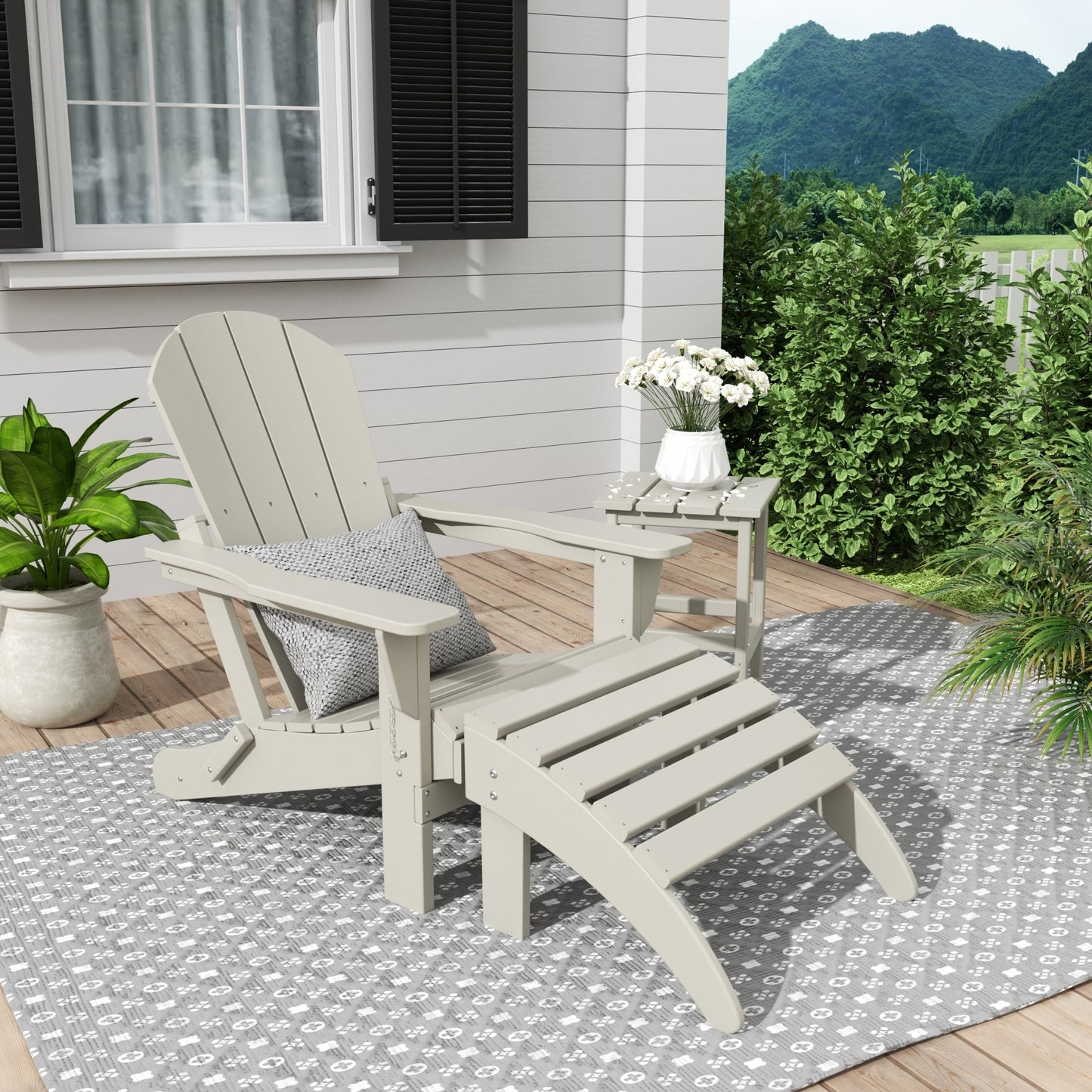 Sedia Adirondack pieghevole per esterni e patio Polytrends Laguna HDPE, adatta a tutte le stagioni, con pouf e tavolino laterale (set da 3 pezzi)