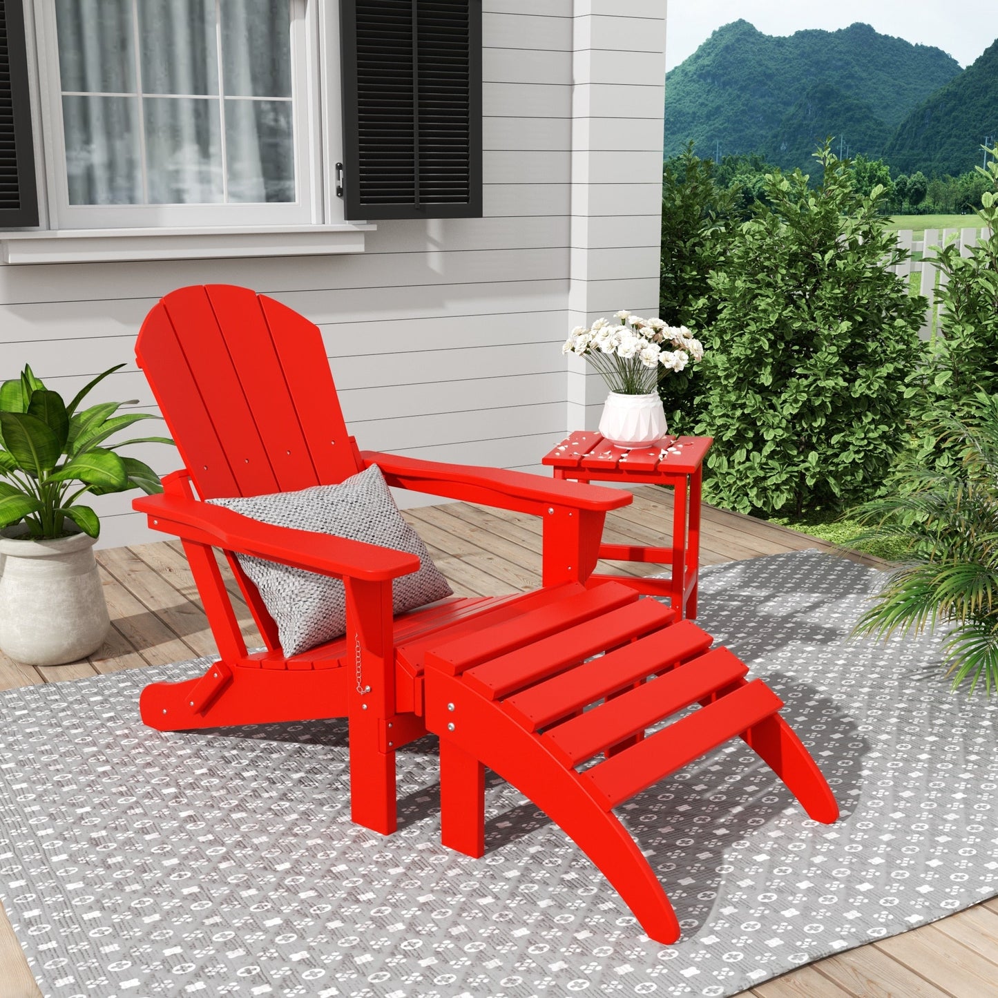 Sedia Adirondack pieghevole per esterni e patio Polytrends Laguna HDPE, adatta a tutte le stagioni, con pouf e tavolino laterale (set da 3 pezzi)