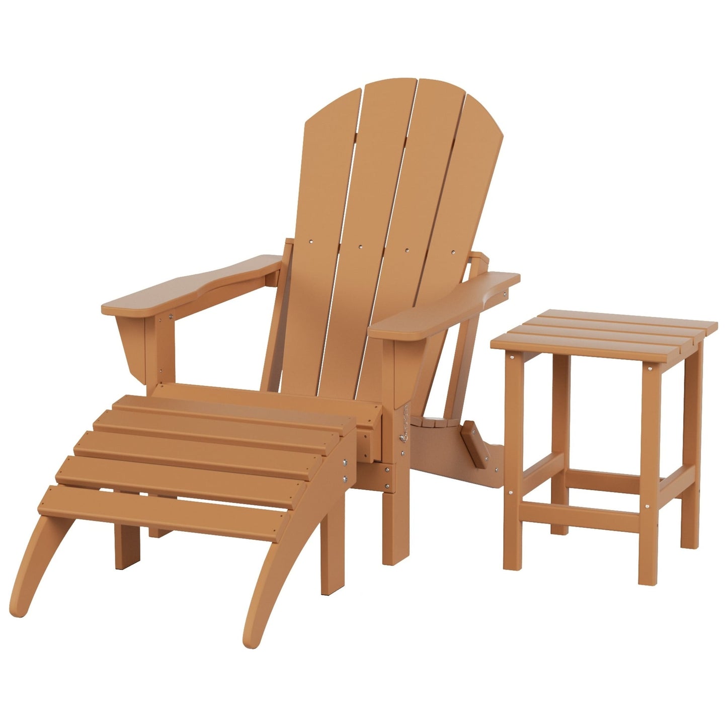 Sedia Adirondack pieghevole per esterni e patio Polytrends Laguna HDPE, adatta a tutte le stagioni, con pouf e tavolino laterale (set da 3 pezzi)