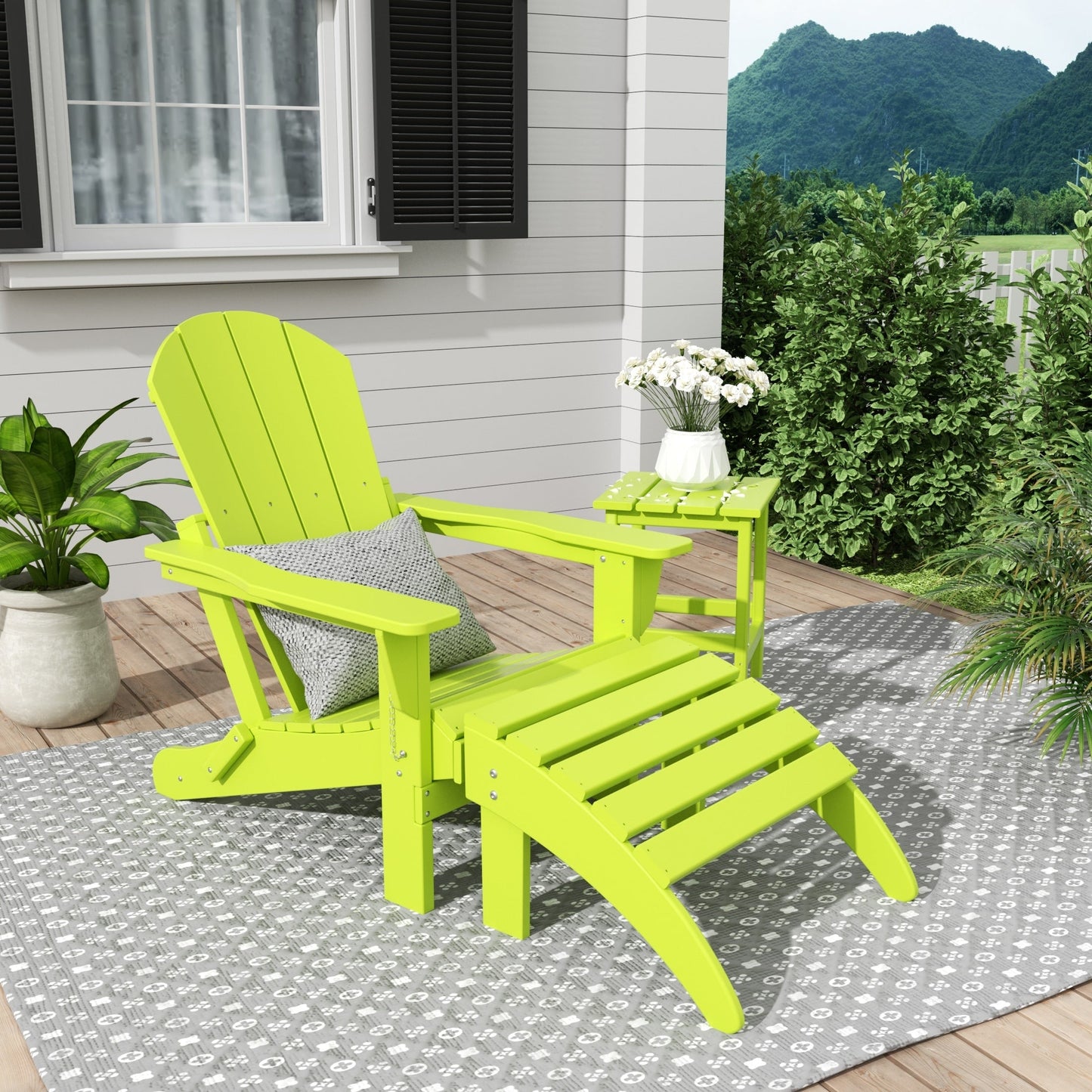 Sedia Adirondack pieghevole per esterni e patio Polytrends Laguna HDPE, adatta a tutte le stagioni, con pouf e tavolino laterale (set da 3 pezzi)