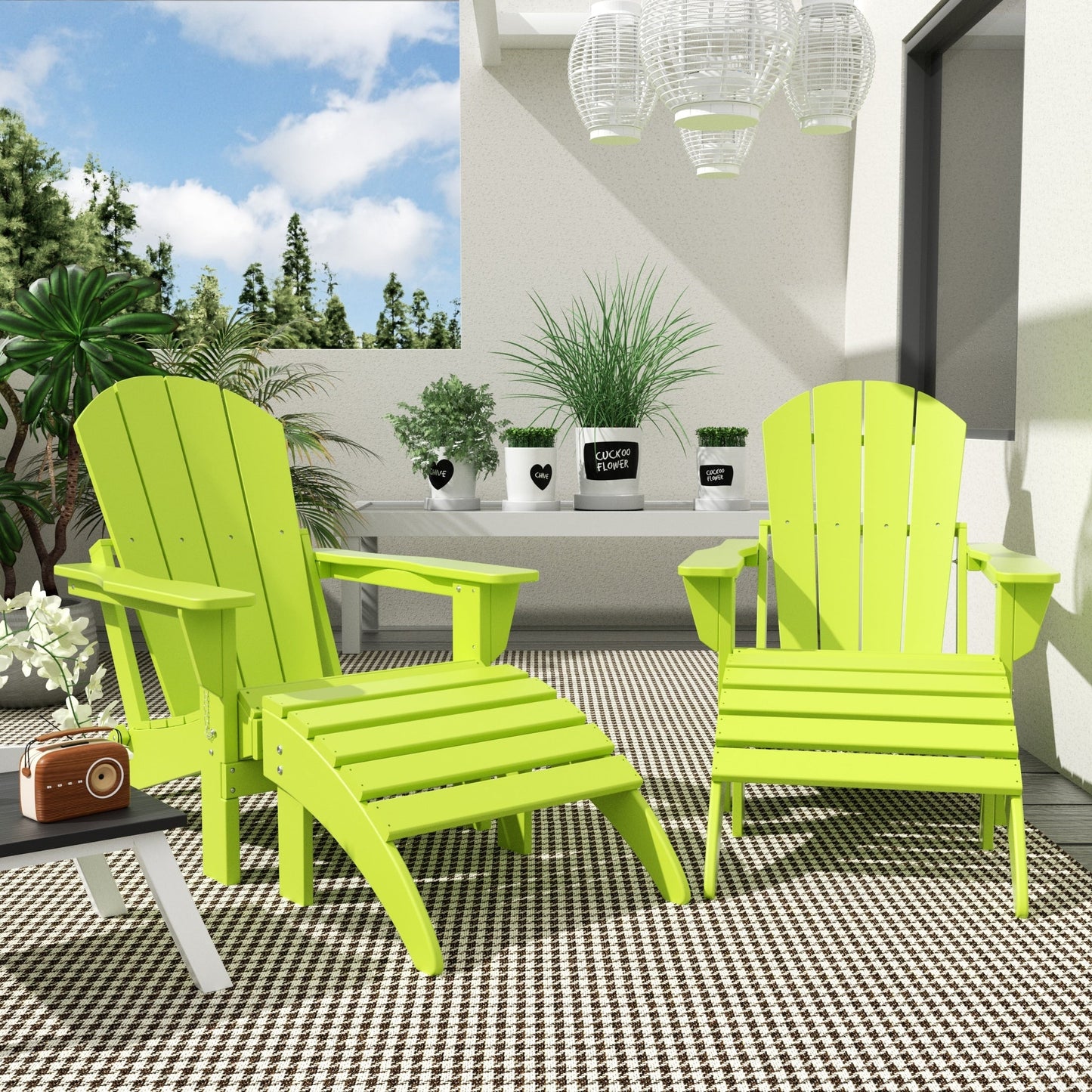 Sedie Adirondack pieghevoli per esterni e patio Polytrends Laguna in HDPE, adatte a tutte le stagioni, con pouf (set da 5 pezzi)