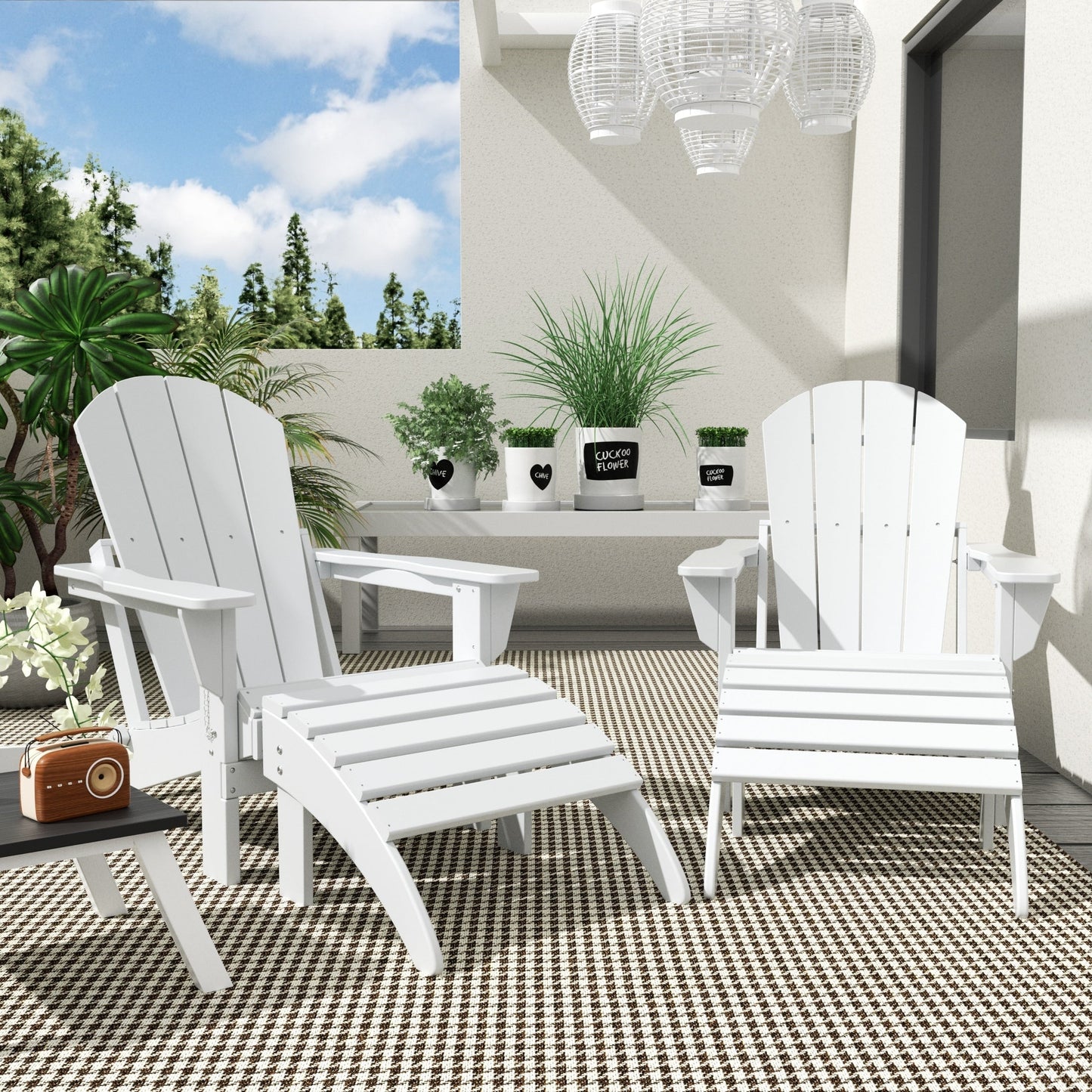 Sedie Adirondack pieghevoli per esterni e patio Polytrends Laguna in HDPE, adatte a tutte le stagioni, con pouf (set da 5 pezzi)