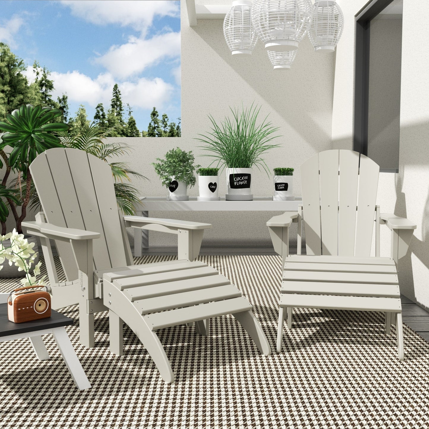 Sedie Adirondack pieghevoli per esterni e patio Polytrends Laguna in HDPE, adatte a tutte le stagioni, con pouf (set da 5 pezzi)